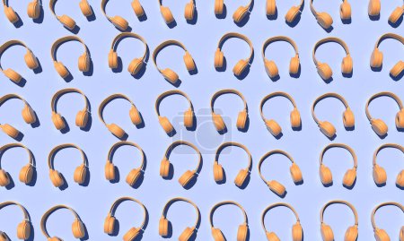 Photo for Many yellow headphones on blue background. 3d rendered illustration - Royalty Free Image