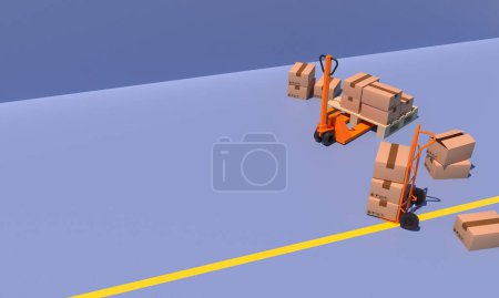 Photo for Pallet jacks lift, hand truck and many boxes on blue background, Warehouse concept.Copy space for text. 3D rendered illustation - Royalty Free Image