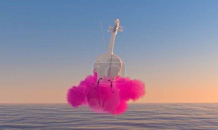 Photo for White violin in a brigth pink cloud levitating above the sea. sunset time. Abstract 3d render. Copy space for text - Royalty Free Image