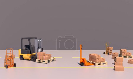 Photo for Warehouse truck, allet jacks lift, hand truck and many boxes on grey background. Warehouse concept.Copy space for text. 3D rendered illustation - Royalty Free Image