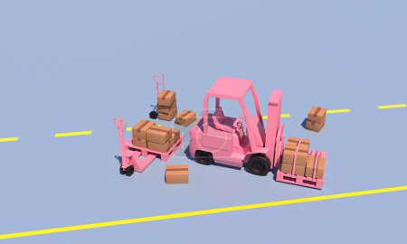 Photo for Pink warehouse truck, allet jacks lift, hand truck and many boxes on blue background. Warehouse concept. 3D rendered illustration - Royalty Free Image