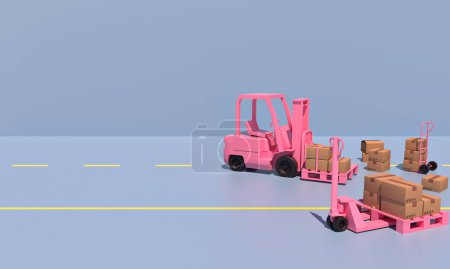 Photo for Pink warehouse truck, allet jacks lift, hand truck and many boxes on blue background. Warehouse concept.Copy space for text. 3D rendered illustation - Royalty Free Image
