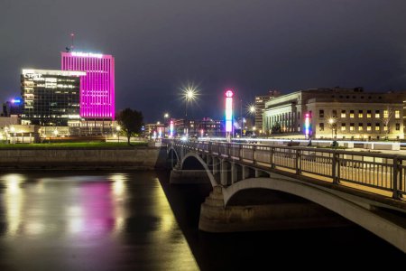 Photo for A wide angle shot of dowtown cedar rapids over the cedar river at night - Royalty Free Image