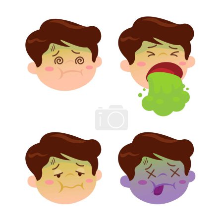 Garçon malade étourdissements et vomissements icône set dessin animé illustration vecteur