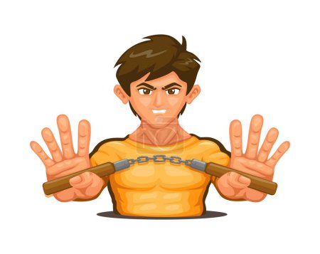 Ilustración de Kungfu man holding nunchaku weapon. martial art character mascot cartoon illustration vector - Imagen libre de derechos