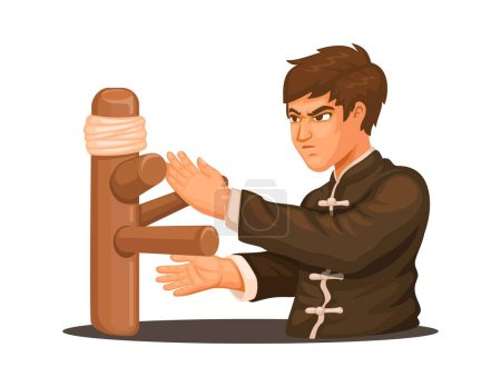 Ilustración de Kungfu master practicing with wooden dummy cartoon illustration vector - Imagen libre de derechos