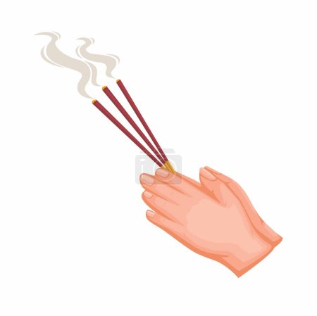 Hand holding incense stick buddhist praying religion symbol cartoon illustration vector