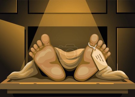 Téléchargez les illustrations : Dead body foot with tag in morgue criminal investigation scene cartoon illustration vector - en licence libre de droit