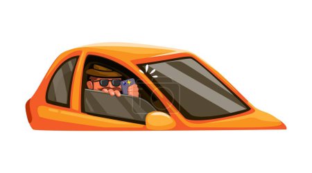 Illustration for Paparazzi takes photos using smartphone from inside the car. stalker scene vector - Royalty Free Image
