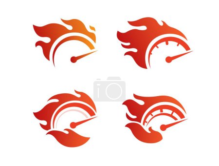 Juego de iconos de símbolo de velocímetro caliente de fuego. Industria Automotriz Logotipo ilustración vector