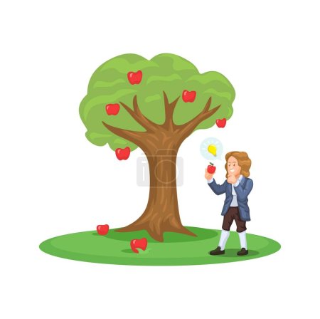 Isaac Newton Beside The Apple Tree. Discoverer Of The Theory Of Gravity Scene Cartoon Illustration Vector