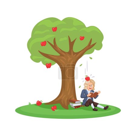 Ilustración de Isaac Newton sentado bajo un árbol y fue golpeado por una manzana. Descubridor de la teoría de la gravedad ilustración de dibujos animados Vector - Imagen libre de derechos