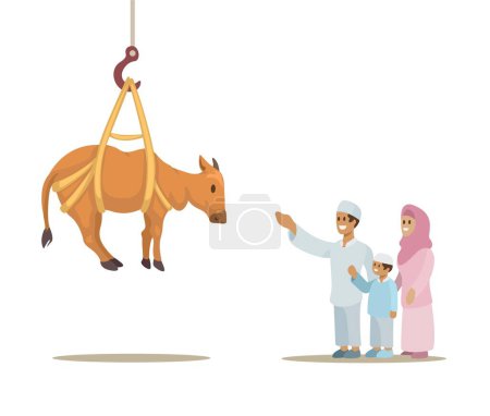 Illustration for Pakistan Lift Cattle Throught Crane Tradition On Eid Al Adha Celebration Cartoon Illustration Vector - Royalty Free Image