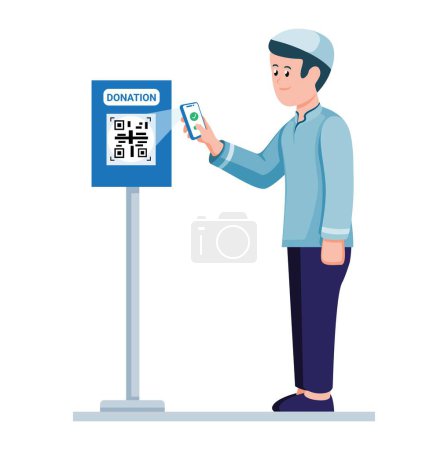 Illustration for Muslim man Using E-Payment QR Code To Donate Symbol Cartoon illustration Vector - Royalty Free Image