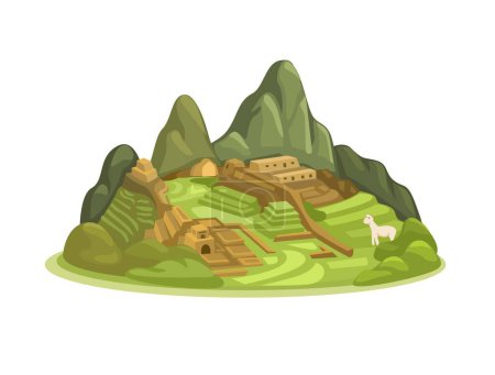 Ilustración de Machu Picchu Aka Ciudad Perdida Del Destino Inca De Ilustración De Dibujos Animados Del Perú Vector - Imagen libre de derechos