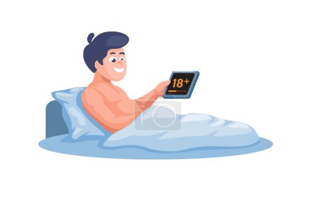 Illustration for Man Laying In Bed And Masturbate Watch Video Cartoon illustration Vector - Royalty Free Image