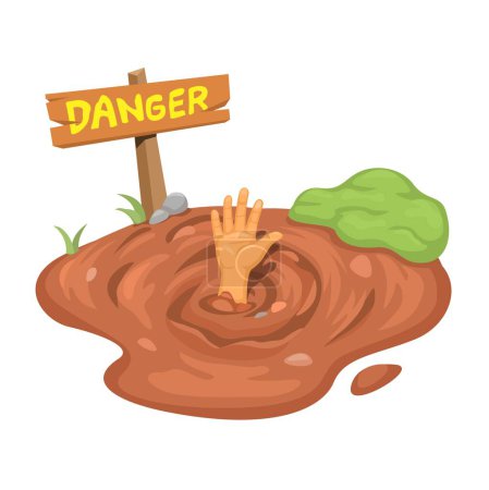 Hand in QuickSand With Danger Warning Sign Illustration Vector