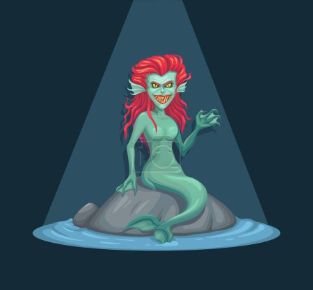 Scary Mermaid Siren mythical creature Cartoon Illustration Vector