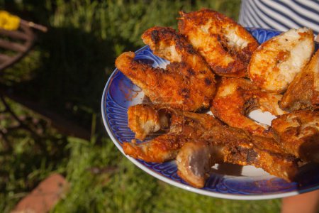 Delicious crispy fried fish steaks on a plate. Outdoor kitchen. Summer barbeque and vacatio