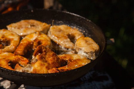 Pfanne mit frittiertem Fischsteak auf dem Feuer. Outdoor-Küche. Sommergrillen und Urlaub