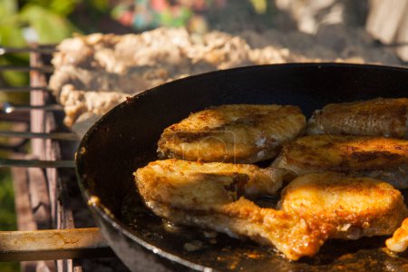 Pan with frying fish steak on the fire. Outdoor kitchen. Summer barbeque and vacation
