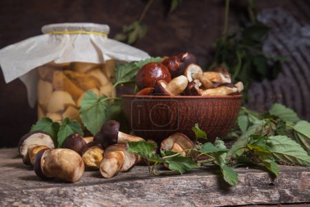 Autumn composition of boletus badius, imleria badia or bay bolete, clay bowl with mushrooms and canned mushroom in glass jar on vintage wooden background and green foliage of ivy on back. Edible and pored fungus has velvety dark brown or chestnut col
