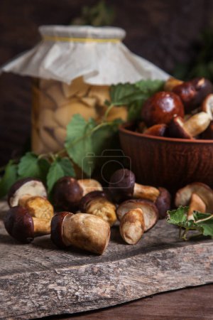 Autumn composition of boletus badius, imleria badia or bay bolete, clay bowl with mushrooms and canned mushroom in glass jar on vintage wooden background and green foliage of ivy on back. Edible and pored fungus has velvety dark brown or chestnut col