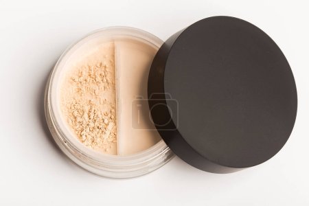 Photo for Mineral makeup powder isolated on white background. Light beige foundation powder. Skin tone face cosmetic product sample concept - Royalty Free Image