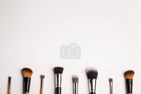 Assorted make up brushes, top view. White background with copy space Poster 645345616