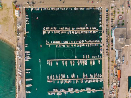 Photo for Aerial view of marina in Bar in Montenegro. Harbor for yacht and port - Royalty Free Image
