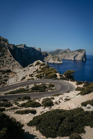 Retro toned picture of a scenic winding mountain road, Mallorca