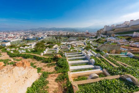 View of the cemetery and the cityscape. North Africa, Tetouan, Morocco