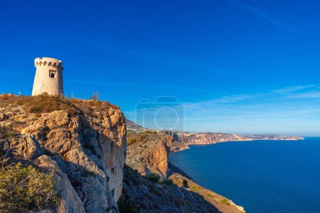 Panoramic view of the Mediterranean Coast in Teulada Alicante featuring the Torre de Cap D'Or