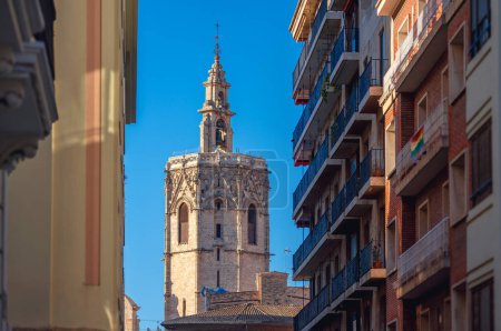 View of the Gothic-style bell tower of the Valencia Cathedral known as Miguelete or Micalet