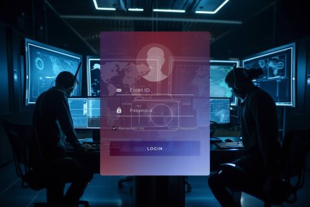 Photo for Illustration of a state sponsored threat actor launching an advanced persistent threat. Attack surface hacker cybersecurity. Login credential HUD.. - Royalty Free Image