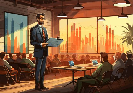 Vector illustration of a man performing a business case presentation to the audience. Sales, marketing, profit and loss performance concept.