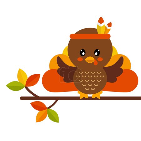 Ilustración de Cartoon cute turkey vector image on a branch - Imagen libre de derechos