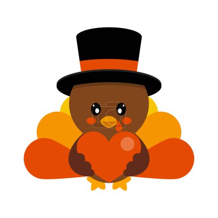 Illustration for Cartoon cute turkey in hat vector with heart - Royalty Free Image
