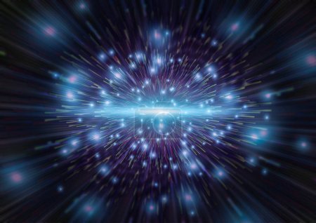 Foto de Espacio explosivo con fondo de estrellas. Big Bang en una galaxia de un universo desconocido ilustración. Explosión abstracta de nuevos elementos tecnológicos energéticos. Tecnología, Ciencia, Concepto astronómico - Imagen libre de derechos
