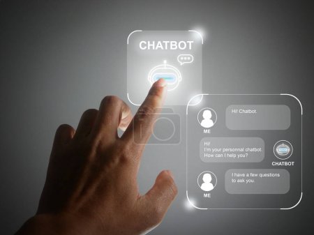 Finger mit einem digitalen Chatbot-Computerprogramm. Automatisierung des Kundendienstes. Künstliche KI-Technologie für Chatterbot, Gesprächsagenten, Roboteranwendungen, Gesprächsassistenten