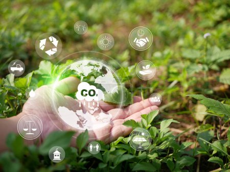 Reduzierung des CO2-Ausstoßes Konzept. Hand auf grünem Gras, das die Erde mit Symbolen hält, um das Kohlendioxid in der Luft zu reduzieren. Umwelt, globale Erwärmung, nachhaltige Entwicklung und grüne Wirtschaft