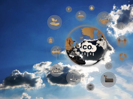 Photo for Reduce CO2 emission concept with a blue sky in the background. Many icons on helping reduce the carbon dioxide in the air. Environmental, global warming, Sustainable development, and green business. - Royalty Free Image