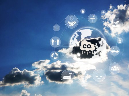 Photo for Reduce CO2 emission concept with blue sky in the background. Many icons on helping reduce the carbon dioxide in the air. Environmental, global warming, Sustainable development and green business based on renewable energy. - Royalty Free Image