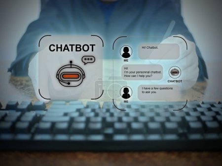 A man uses a digital chatbot computer program to conduct an online chat conversation and provide information on the internet network. AI artificial technology for chatterbot, conversational agents