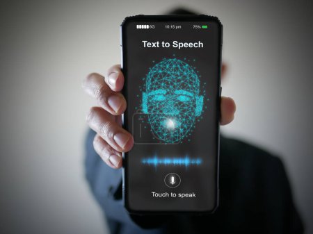 Foto de AI speaks and imitates the human voice, text-to-speech or TTS, speech synthesis applications, generative Artificial Intelligence, and futuristic technology in language and communication. - Imagen libre de derechos