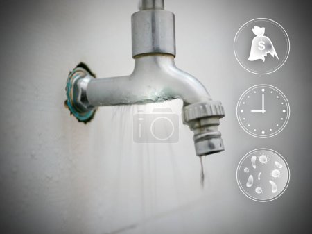 Foto de Leaking, broken, ruined water tap, valve in a bathroom with icons of its consequences -  losing money, wasting time, and could cause mold from the humidity - Imagen libre de derechos
