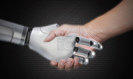 Téléchargez les photos : Robot et les mains humaines tiennent et se connectent, poignée de main, sur fond de code binaire. Intelligence artificielle intelligente, apprentissage automatique et concepts Chatbot. La coexistence de l'IA et des humains - en image libre de droit