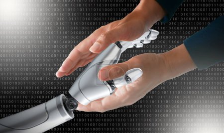 Téléchargez les photos : Robot et les mains humaines tiennent et se connectent sur fond de code binaire. Intelligence artificielle intelligente, apprentissage automatique, concepts Chatbot. Intelligence artificielle pour la science, l'éducation, les affaires, l'innovation et la technologie. - en image libre de droit