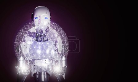 Foto de Inteligencia artificial, IA en todas partes y es omnipresente. La figura robótica que sostiene al mundo entero y su red. Cada persona en la tierra puede beneficiarse del concepto de tecnología Ai - Imagen libre de derechos