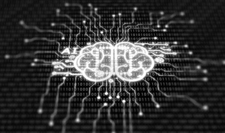 Foto de El cerebro de inteligencia artificial está integrado en una placa de circuito y un fondo de código binario. IA, aprendizaje automático, aprendizaje profundo y concepto de red neuronal. - Imagen libre de derechos